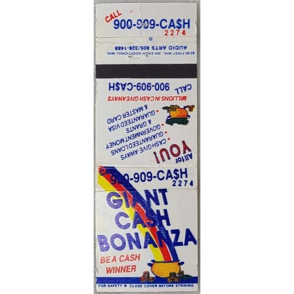 Giant Cash Bonanza Matchbook Cover 900 Number Promo Gambling Ad - Picture 1 of 5